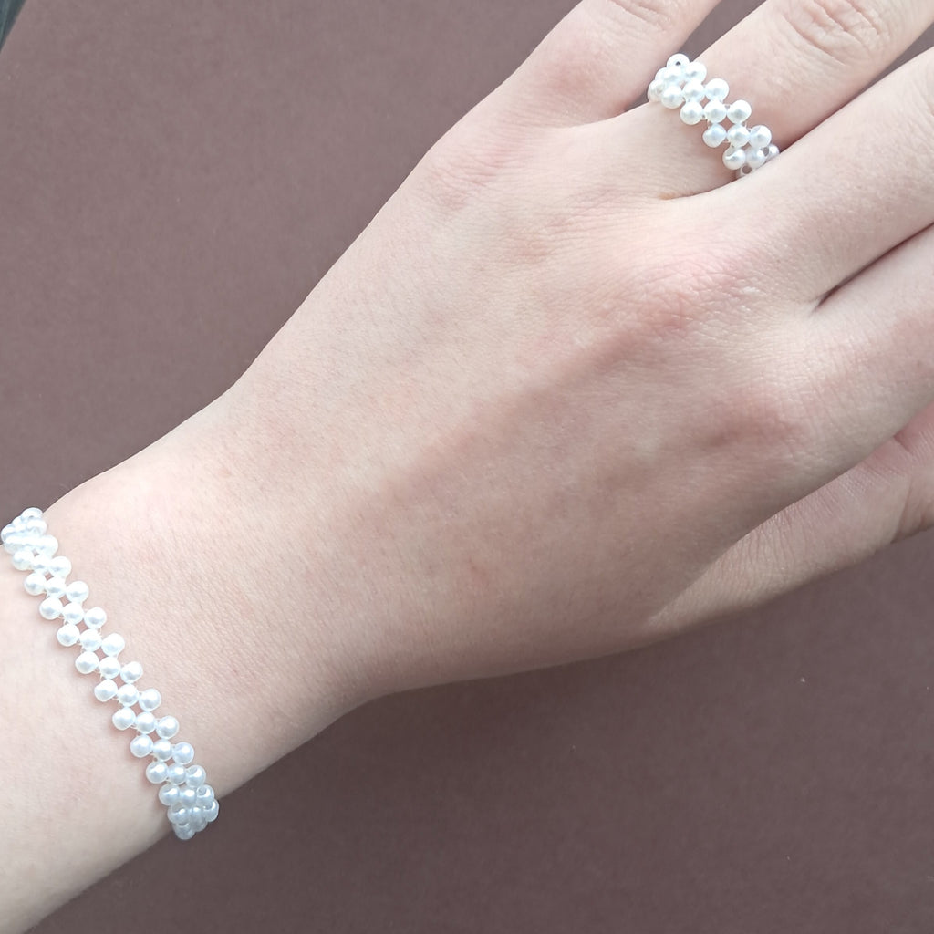 "Pure White" Beaded Bracelet & Ring Set